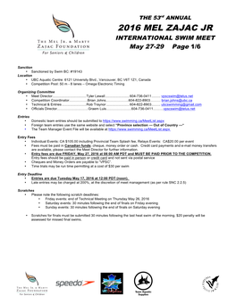 2016 MEL ZAJAC JR INTERNATIONAL SWIM MEET May 27-29 Page 1/6