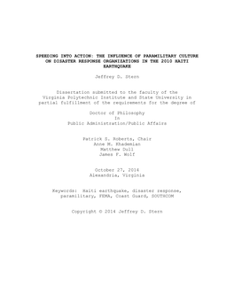 The Influence of Paramilitary Culture on Disaster Response Organizations in the 2010 Haiti Earthquake