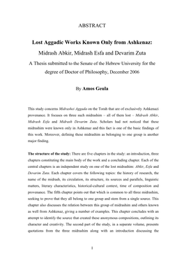 Lost Aggadic Works Known Only from Ashkenaz: Midrash Abkir, Midrash Esfa and Devarim Zuta