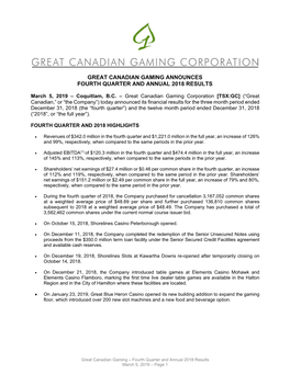 Great Canadian Gaming Announces Fourth Quarter and Annual 2018 Results