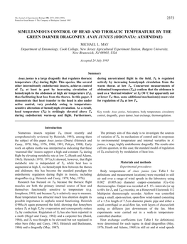 Simultaneous Control of Head and Thoracic Temperature by the Green Darner Dragonfly Anax Junius (Odonata: Aeshnidae)