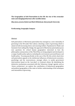 The Geographies of Soft Paternalism in the UK: the Rise of the Avuncular State and Changing Behaviour After Neoliberalism