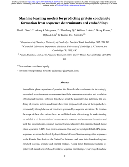 Machine Learning Models for Predicting Protein Condensate Formation from Sequence Determinants and Embeddings