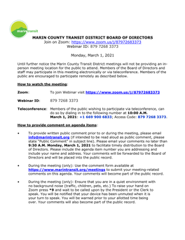 MARIN COUNTY TRANSIT DISTRICT BOARD of DIRECTORS Join on Zoom: Webinar ID: 879 7268 3373 Monda