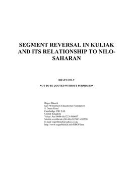 Segment Reversal in Kuliak and Its Relationship to Nilo- Saharan