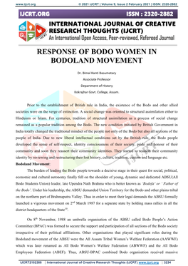 Response of Bodo Women in Bodoland Movement