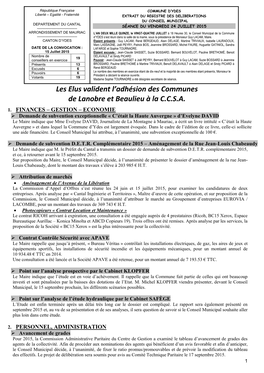 Les Elus Valident L'adhésion Des Communes De Lanobre Et Beaulieu À La C.C.S.A