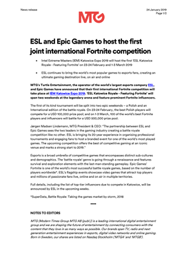 ESL and Epic Games to Host the First Joint International Fortnite Competition