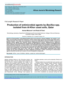 Production of Antimicrobial Agents by Bacillus Spp. Isolated from Al-Khor Coast Soils, Qatar