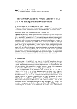 The Fault That Caused the Athens September 1999 Ms = 5.9 Earthquake: Field Observations