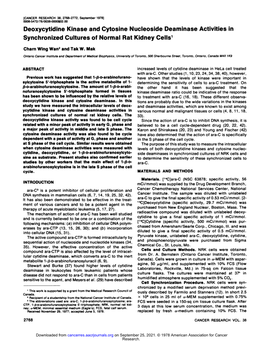 Deoxycytidine Kinase and Cytosine Nucleoside Deaminase Activities in Synchronized Cultures of Normal Rat Kidney Cells1 Charnwingwan2andtak W