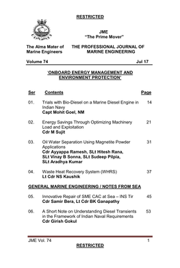 The Alma Mater of the PROFESSIONAL JOURNAL of Marine Engineers MARINE ENGINEERING