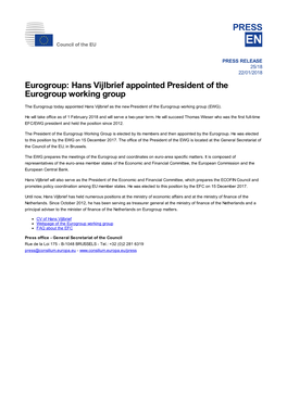 Eurogroup: Hans Vijlbrief Appointed President of the Eurogroup Working Group