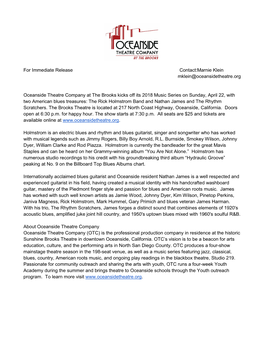 For Immediate Release Contact:Marnie Klein Mklein@Oceansidetheatre.Org