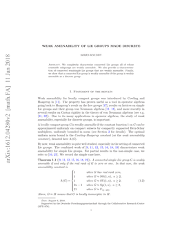 Arxiv:1612.04280V2 [Math.FA] 11 Jan 2018 Oal Opc Group Compact Important Locally a Is Groups, Discrete for Especially Amenability, SB878)