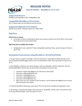 RELEASE NOTES Hiplink Mobile - Blackberry 1.0.5.12.0