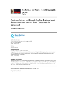 Recherches Sur Diderot Et Sur L'encyclopédie, 39 | 2005 Quatorze Lettres Inédites De Sophie De Grouchy Et Des Éditeurs Des Œuvres Dit