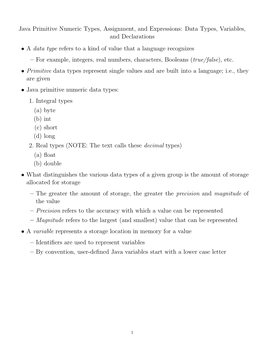 Java Primitive Numeric Types, Assignment, and Expressions: Data