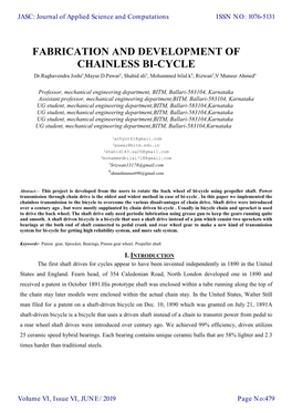 FABRICATION and DEVELOPMENT of CHAINLESS BI-CYCLE Dr.Raghavendra Joshi1,Mayur.D.Pawar2, Shahid Ali3, Mohammed Bilal.K4, Rizwan5,V Muneer Ahmed6