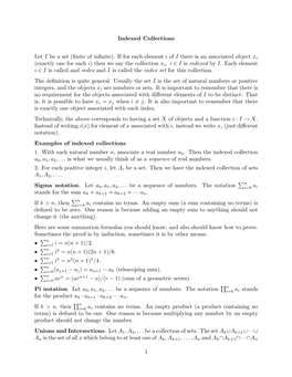 Indexed Collections Let I Be a Set (Finite of Infinite). If for Each Element