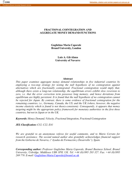 Fractional Cointegration and Aggregate Money Demand Functions