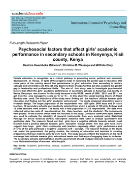 Psychosocial Factors That Affect Girls' Performance in Secondary Schools