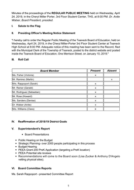 Minutes of the Proceedings of the REGULAR PUBLIC MEETING Held on Wednesday, April 24, 2019, in the Cheryl Miller Porter, 3Rd Floor Student Center, THS, at 8:00 PM