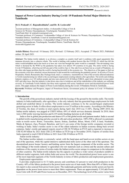 Impact of Power Loom Industry During Covid- 19 Pandemic Period Major District in Tamilnadu