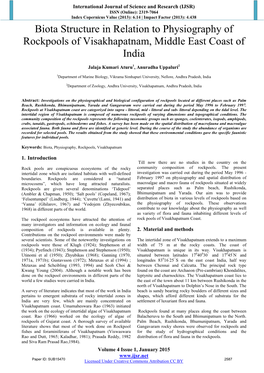 Biota Structure in Relation to Physiography of Rockpools of Visakhapatnam, Middle East Coast of India