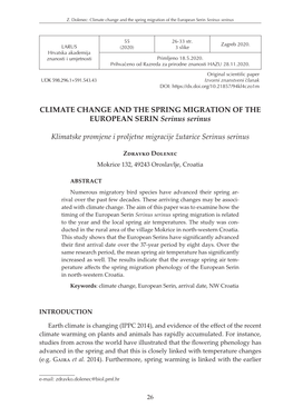 Climate Change and the Spring Migration of the European Serin Serinus Serinus