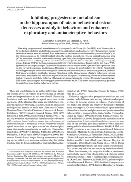 Inhibiting Progesterone Metabolism in the Hippocampus of Rats in Behavioral Estrus Decreases Anxiolytic Behaviors and Enhances E