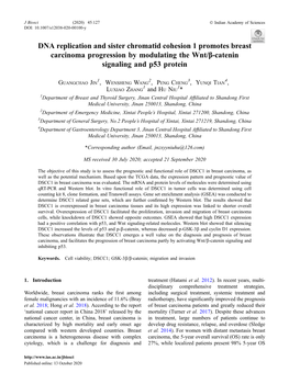 DNA Replication and Sister Chromatid Cohesion 1 Promotes Breast Carcinoma Progression by Modulating the Wnt/B-Catenin Signaling and P53 Protein