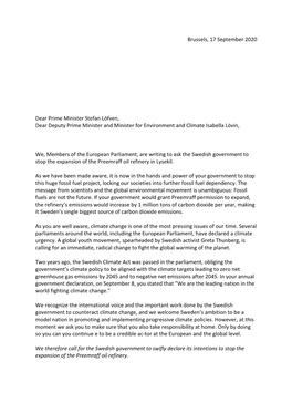 Brussels, 17 September 2020 Dear Prime Minister Stefan Löfven, Dear