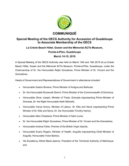 COMMUNIQUÉ Special Meeting of the OECS Authority for Accession of Guadeloupe to Associate Membership of the OECS