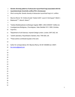 1 Genetic Diversity Patterns of Arbuscular Mycorrhizal Fungi Associated with the 2 Mycoheterotroph Arachnitis Uniflora Phil