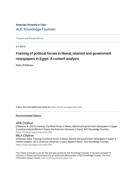 Framing of Political Forces in Liberal, Islamist and Government Newspapers in Egypt: a Content Analysis