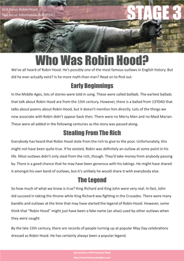 Robin Hood Text Focus: Information Text (750L) STAGE 3