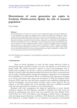 Determinants of Waste Generation Per Capita in Catalonia (North-Eastern Spain): the Role of Seasonal Population
