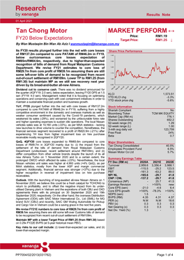 Tan Chong Motor MARKET PERFORM ↔ Price: RM1.19 FY20 Below Expectations Target Price: RM1.25 ↓ by Wan Mustaqim Bin Wan Ab Aziz L Wanmustaqim@Kenanga.Com.My