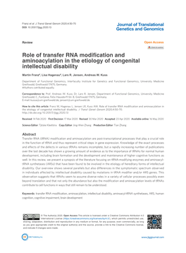 Role of Transfer RNA Modification and Aminoacylation in the Etiology of Congenital Intellectual Disability