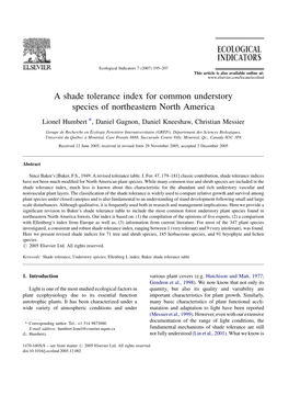 A Shade Tolerance Index for Common Understory Species of Northeastern North America