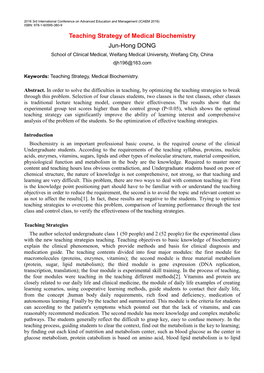 Teaching Strategy of Medical Biochemistry Jun-Hong DONG School of Clinical Medical, Weifang Medical University, Weifang City, China Djh196@163.Com