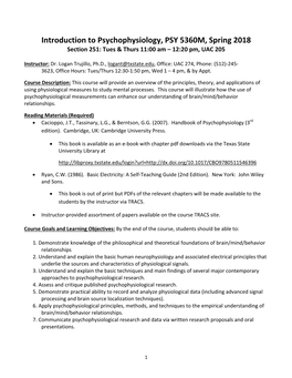 Introduction to Psychophysiology, PSY 5360M, Spring 2018 Section 251: Tues & Thurs 11:00 Am – 12:20 Pm, UAC 205