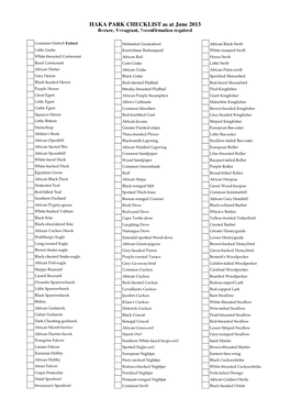 HAKA PARK CHECKLIST As at June 2013 R=Rare, V=Vagrant, ?=Confirmation Required