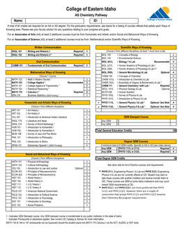 Chemistry Pathway Name: ID: · a Total of 60 Credits Are Required for an AA Or AS Degree