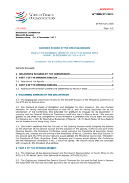 RESTRICTED WT/MIN(17)/SR/1 19 February 2018 (18-1068) Page: 1/2 Ministerial Conference Eleventh Session Buenos Aires, 10-13 Dece