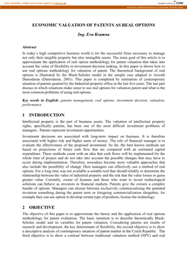 Economic Valuation of Patents As Real Options