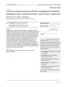 Insulin Is Necessary but Not Sufficient: Changing the Therapeutic Paradigm in Type 1 Diabetes [Version 1; Peer Review: 5 Approved] Sandra Lord , Carla J