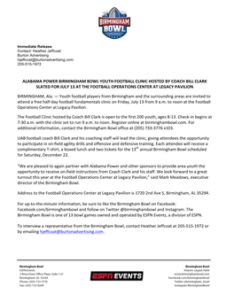 Birmingham Bowl Youth Football Clinic Hosted by Coach Bill Clark Slated for July 13 at the Football Operations Center at Legacy Pavilion