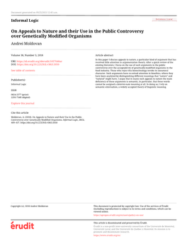 On Appeals to Nature and Their Use in the Public Controversy Over Genetically Modified Organisms Andrei Moldovan